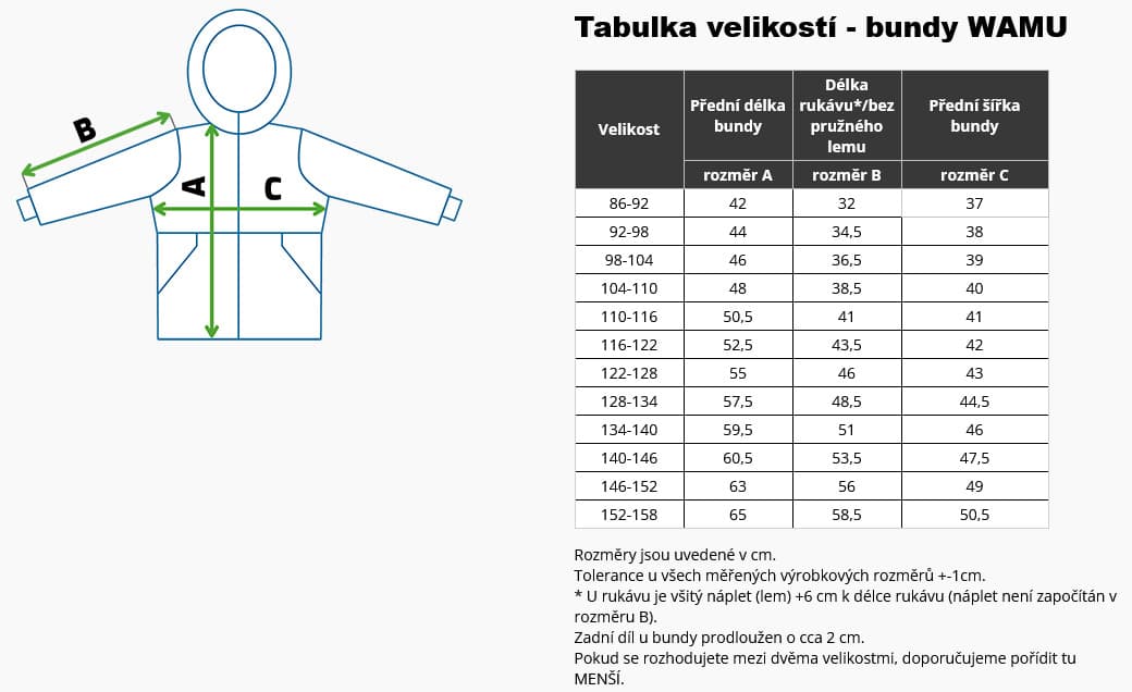 WAMU - bundy - velikostní tabulka